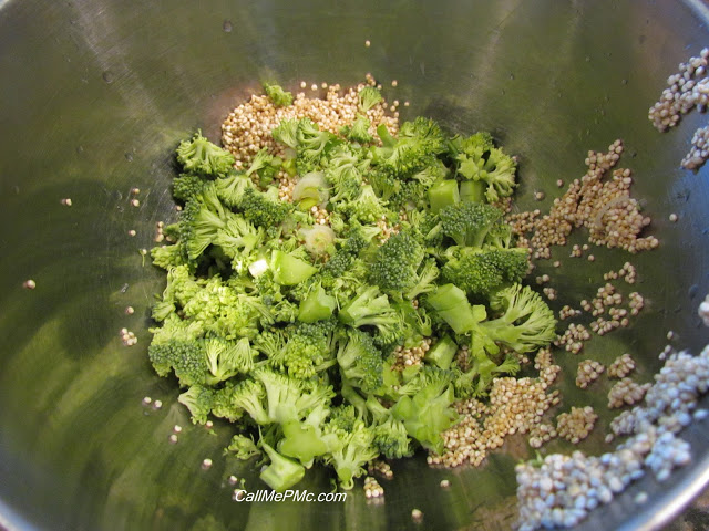 broccoli and quinoa quinoa and broccoli in a mixing bowl.