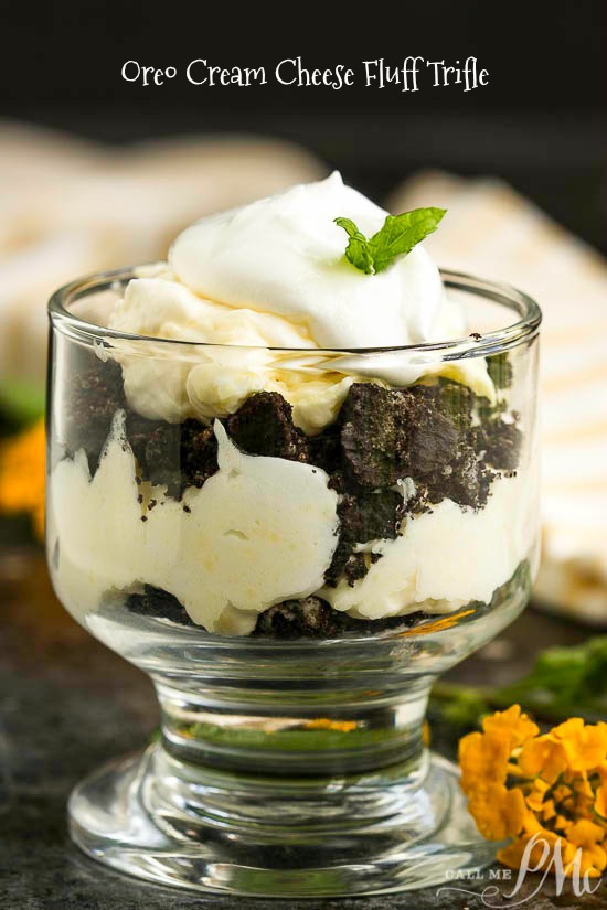 Oreo Cream Cheese Fluff Trifle is a is a sweet, creamy, delicious, no-bake dessert that takes about 10 minutes to make! #Oreodessert #dessert #trifle #Oreo #nobake #nocook #nocookOreodessert #dirtpudding #OreoCoolWhip #food #recipe #easyrecipe #dessertrecipes Oreo Cream Cheese Fluff Trifle