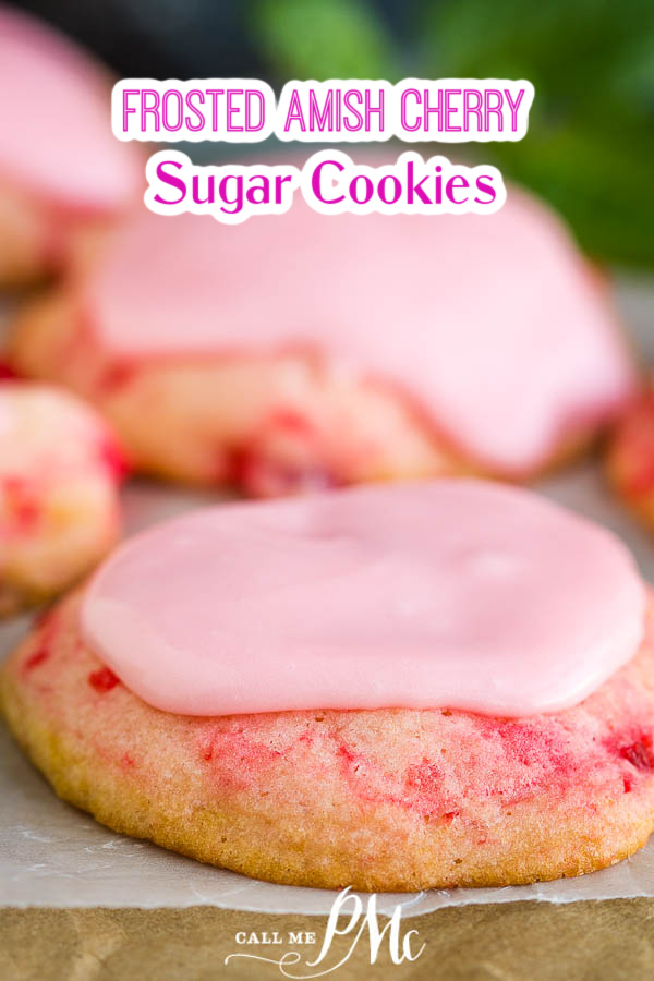 Frosted Amish Cherry Sugar Cookies are crispy around the edges yet pillowy soft and chewy inside. They get their pink color, great flavor, and soft texture from maraschino cherries. #cookies #cherrycookies #shirleytemple #shirleytemplecookies #homemade #recipes #dessert #Christmascookies Frosted Amish Cherry Sugar Cookies