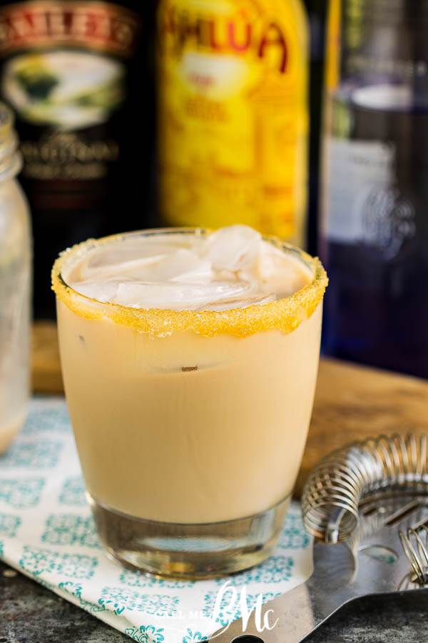 kahlua, vodka, and Irish cream in a glass with sugar rim Caramel Mudslide